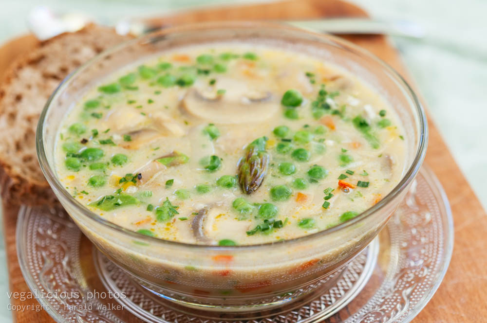 Stock photo of Creamy Mushroom Soup with Spring Vegetables