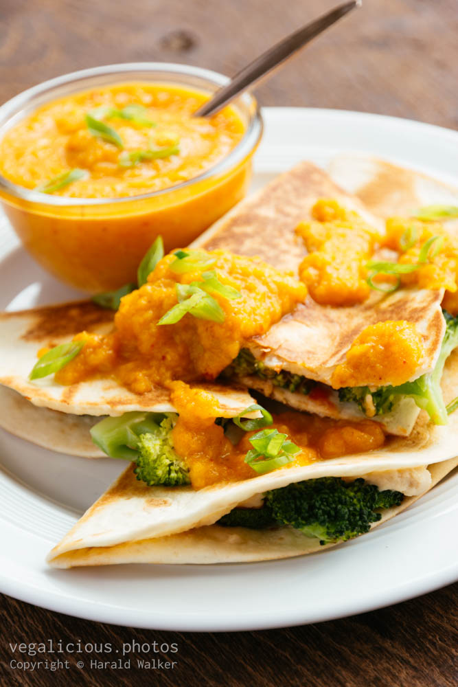 Stock photo of Broccoli Quesadillas with Apricot-Carrot Sauce