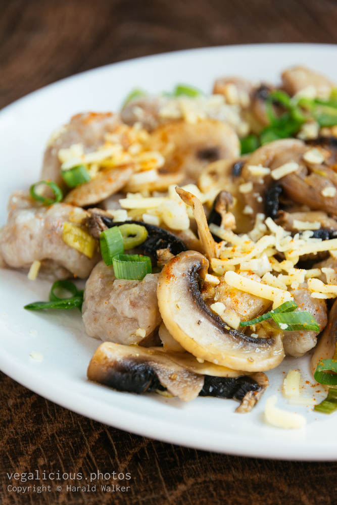 Stock photo of Buckwheat Gnocchi with Chestnut Mushroom and Vegan Cheese