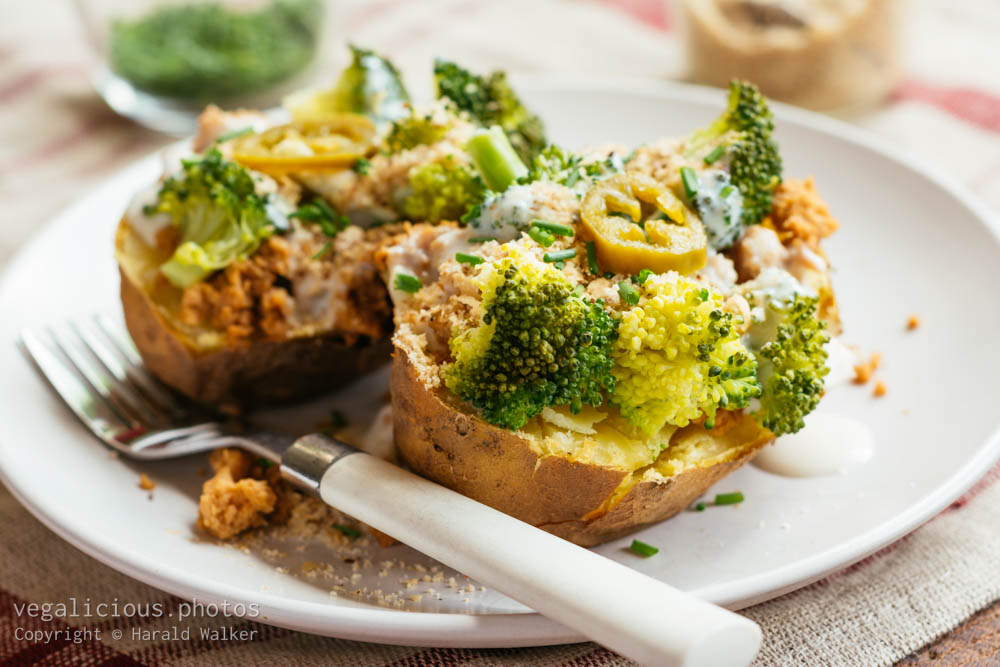 Stock photo of Baked potato with TVP and broccoli