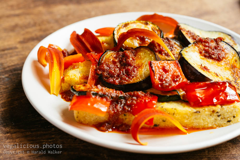 Stock photo of Grilled eggplant and red peppers