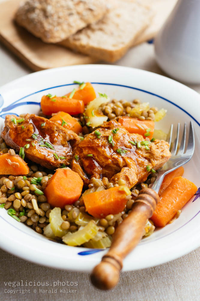 Stock photo of TVP Medallions on Sweet and Sour Lentils