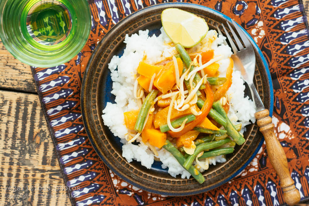 Stock photo of Thai Pumpkin Curry with Green Beans and Sprouts