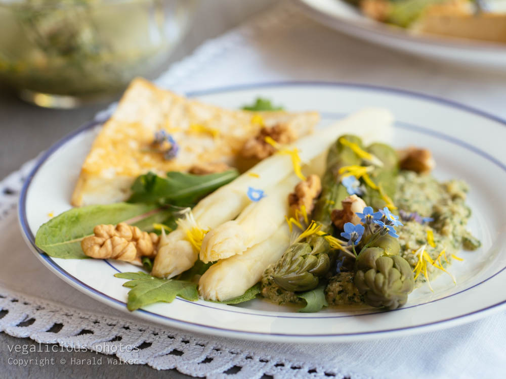 Stock photo of Spring Salad with Asparagus, Fresh Wild Greens , Tofu and Walnuts
