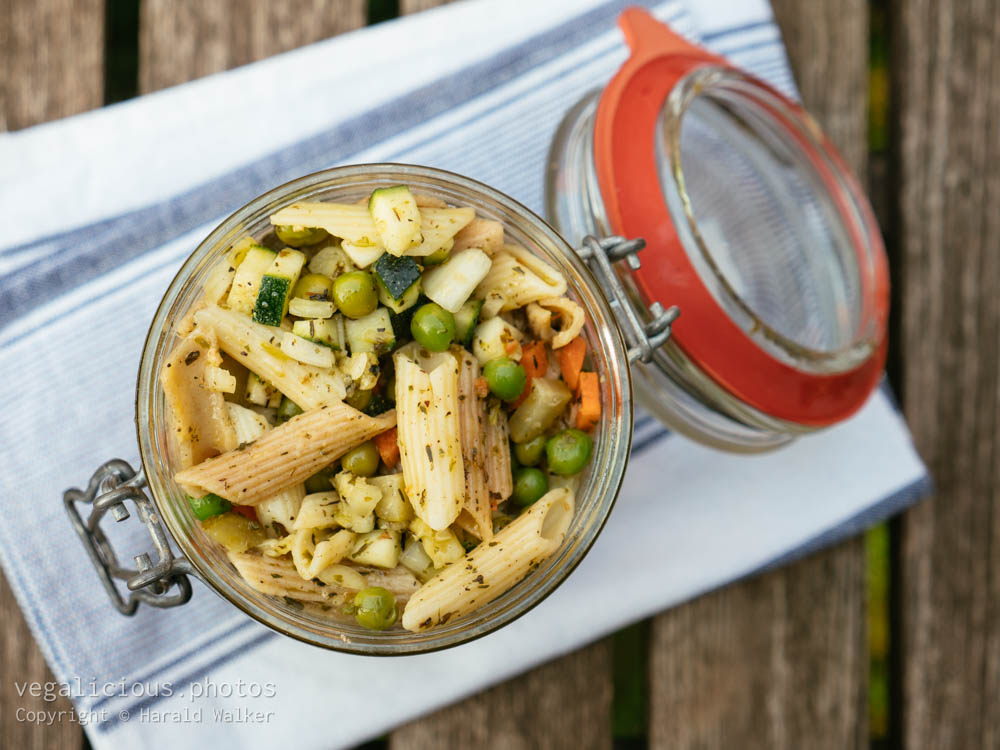 Stock photo of Pasta salad in a jar