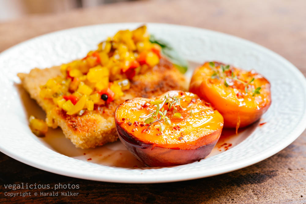 Stock photo of Tempeh fillets with relish and peaches