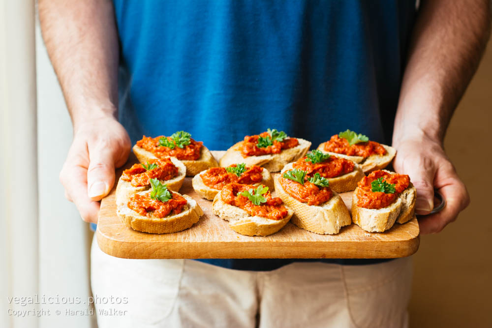 Stock photo of Eggplant and Red Bell Pepper Bruschetta