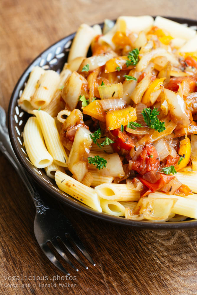 Stock photo of Penne Pasta with Hungarian Wax Peppers and Tomatoes