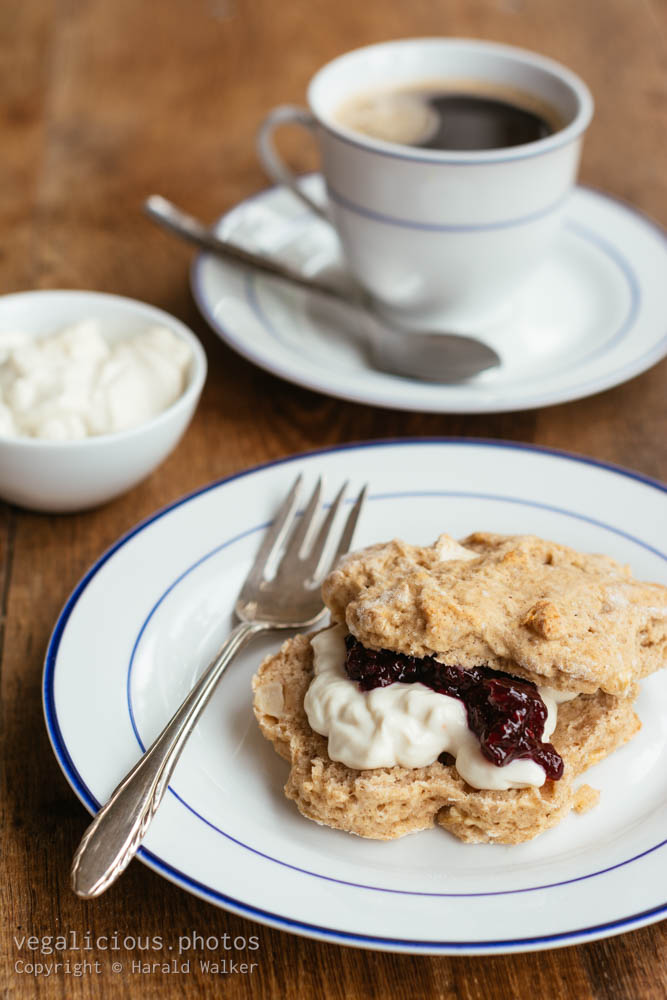 Stock photo of Apple Scones with Soy quark and Blackberry Jam