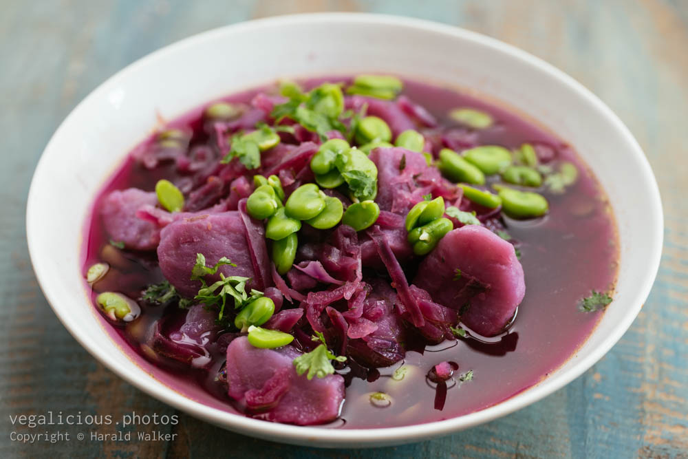 Stock photo of Purple Cabbage Soup with Purple Potatoes and Fava Beans