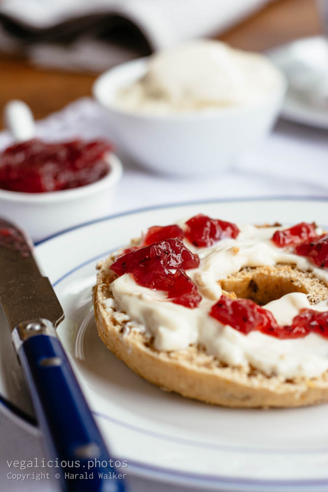 Stock photo of Bagels with jam and quark