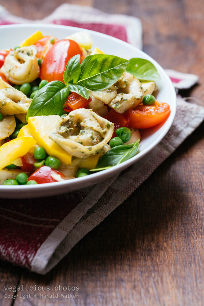 Stock photo of Summertime Vegetables with Vegan Basil Pesto on Tortellini