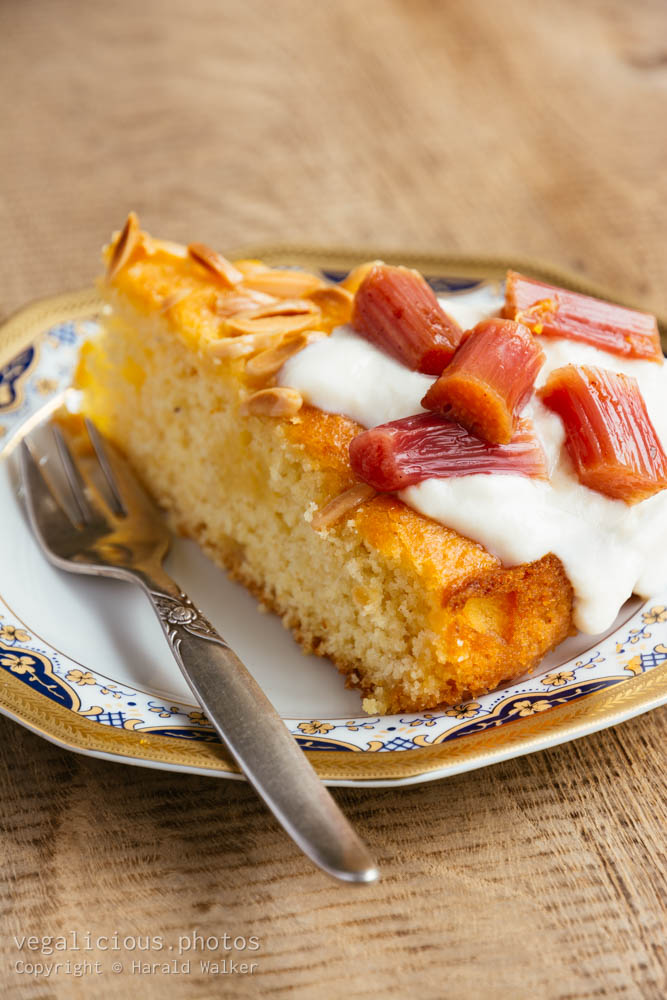 Stock photo of Vegan Orange, Almond Semolina Cake with Baked Rhubarb