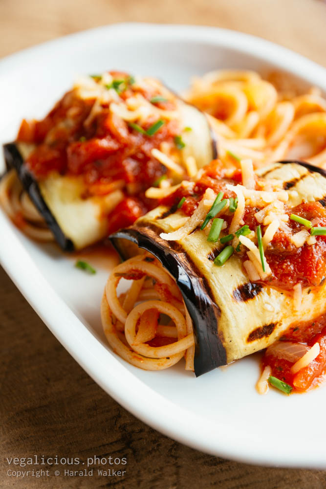Stock photo of Grilled eggplant spaghetti roll-ups