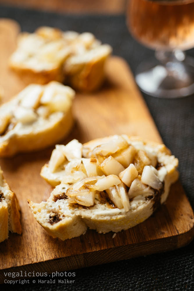 Stock photo of Onions and pear crostini