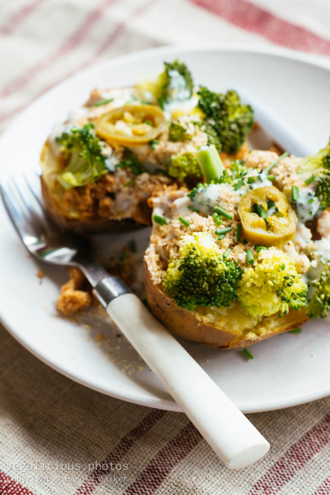 Stock photo of Baked potato with TVP and broccoli