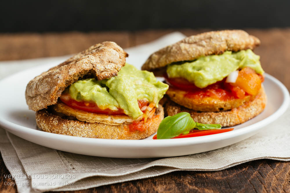 Stock photo of Tofu Rancheros with Guacamole on English Muffins