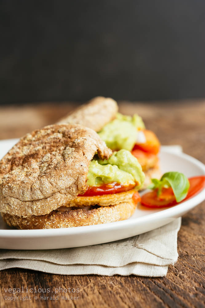 Stock photo of Tofu Rancheros with Guacamole on English Muffins