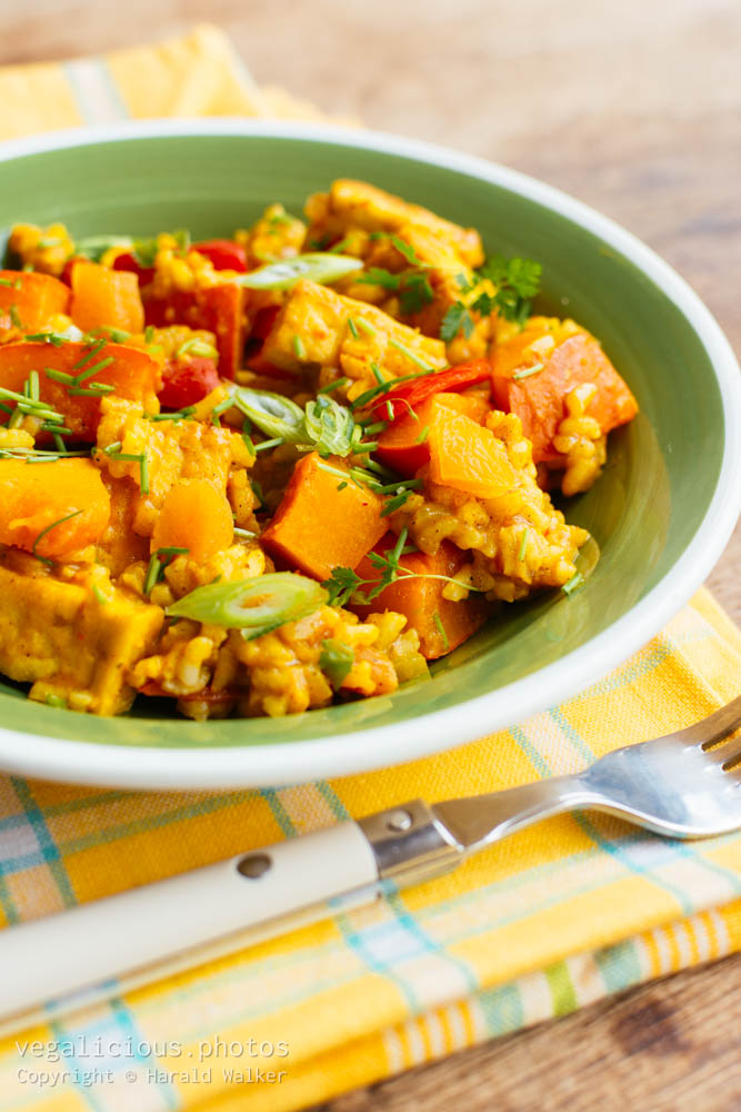 Stock photo of Pumpkin risotto with tofu, apricots, bell pepper and herbs