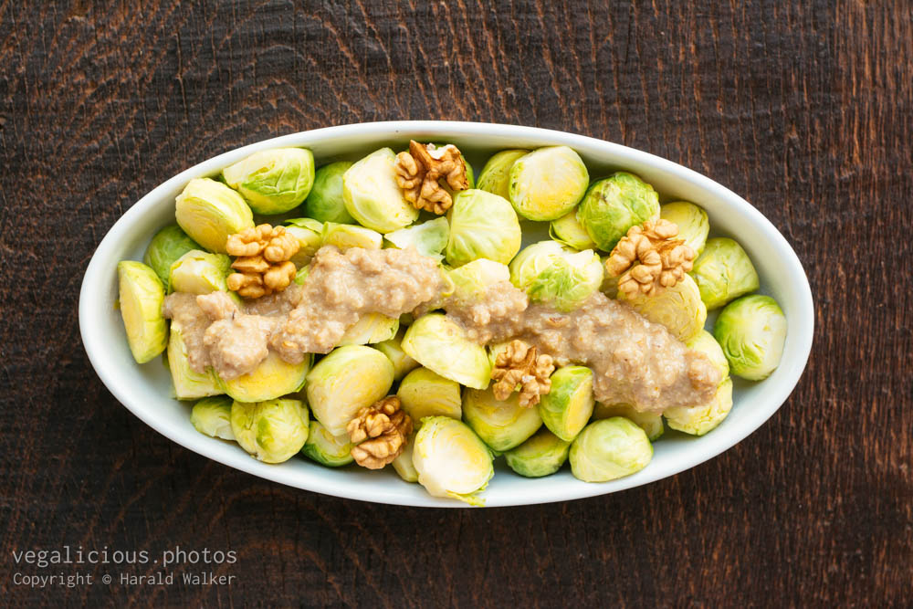 Stock photo of Brussels sprouts with a lemon walnut miso sauce