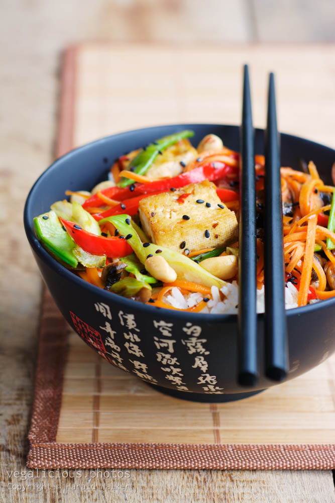 Stock photo of Szechuan Style Tofu with Vegetables and White Rice