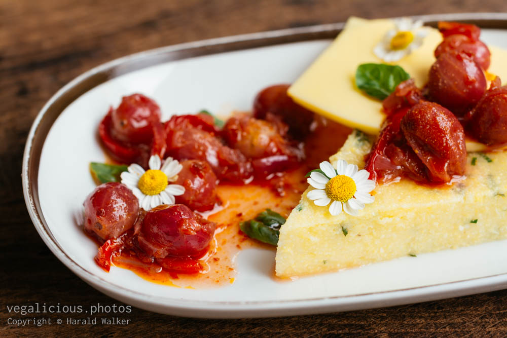 Stock photo of Herbed polenta with vegan Cheese and a gooseberry – chili Relish