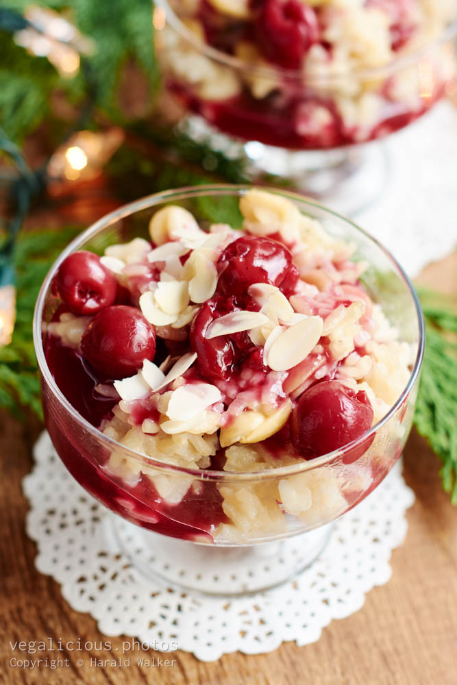 Stock photo of Almond Rice Pudding with Cherry Sauce