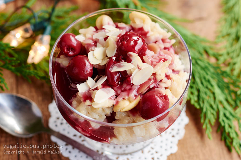 Stock photo of Almond Rice Pudding with Cherry Sauce